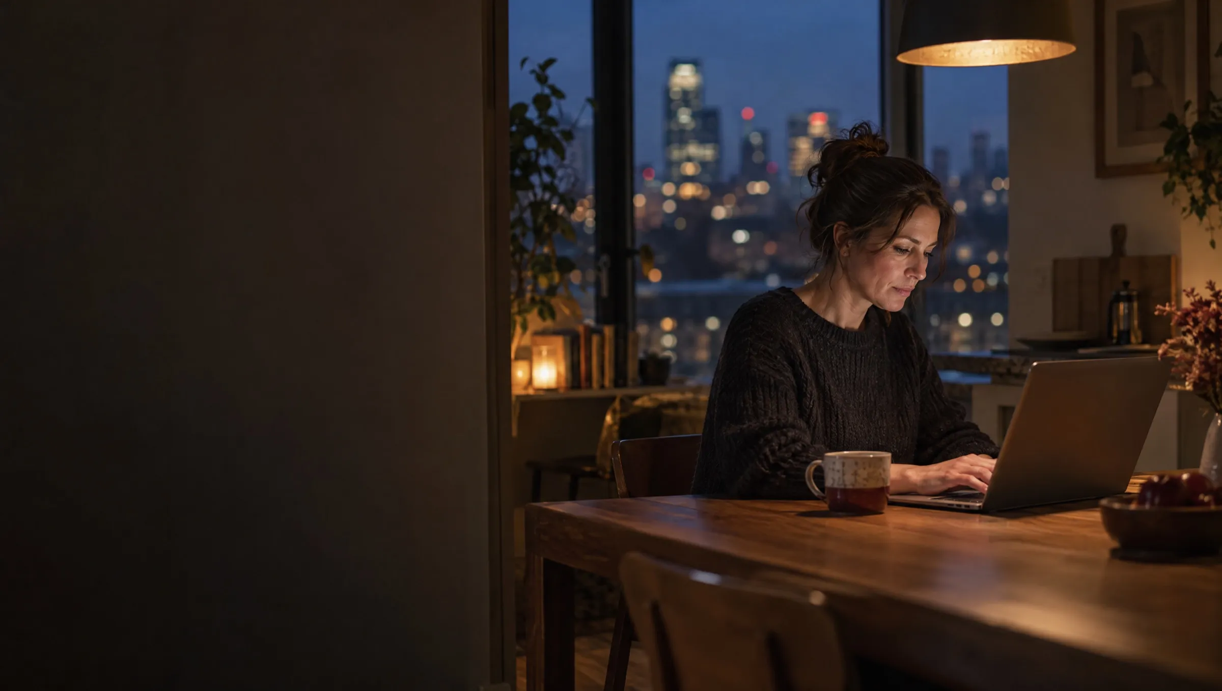 A woman works on a laptop at a kitchen table in the evening, city lights behind her.